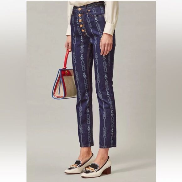 NWT TORY BURCH Gemini Link Bloom Jacquard Denim Pant Jeans Womens Size 26 - Picture 1 of 12